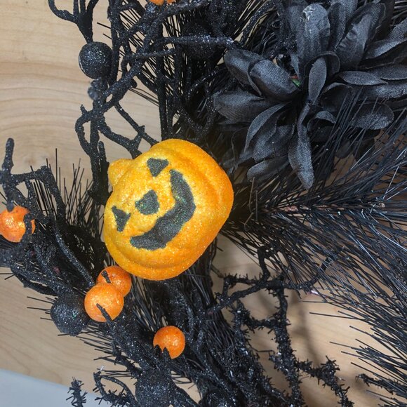 Halloween Wreath Black Christmas Tree Flowers Grapevine Jack o'Lantern Pumpkin - Picture 2 of 4